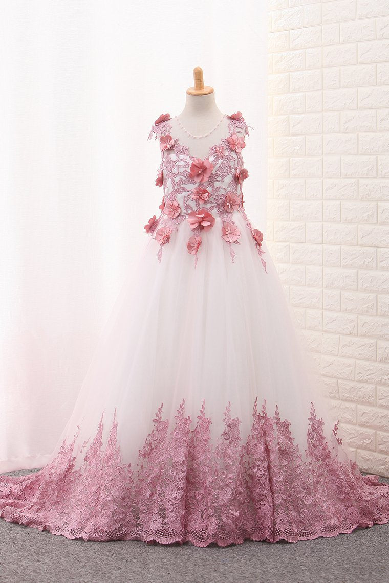 2024 Scoop A Line Tulle Flower Girl Dresses With Applique And Handmade Flowers