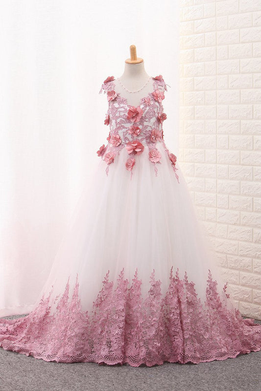 2024 Scoop A Line Tulle Flower Girl Dresses With Applique And Handmade Flowers