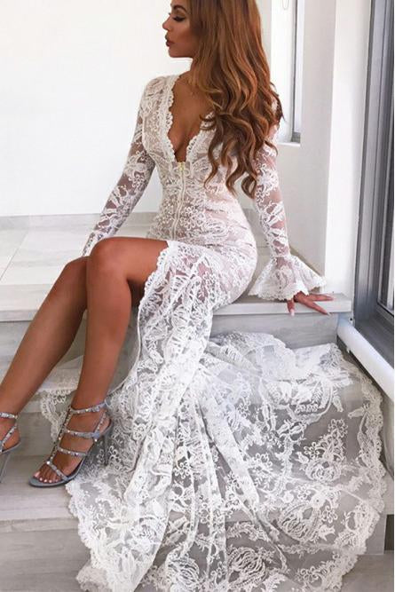 Long Sleeves Mermaid Lace V Neck Wedding Dresses with Slit, Wedding SRS15651