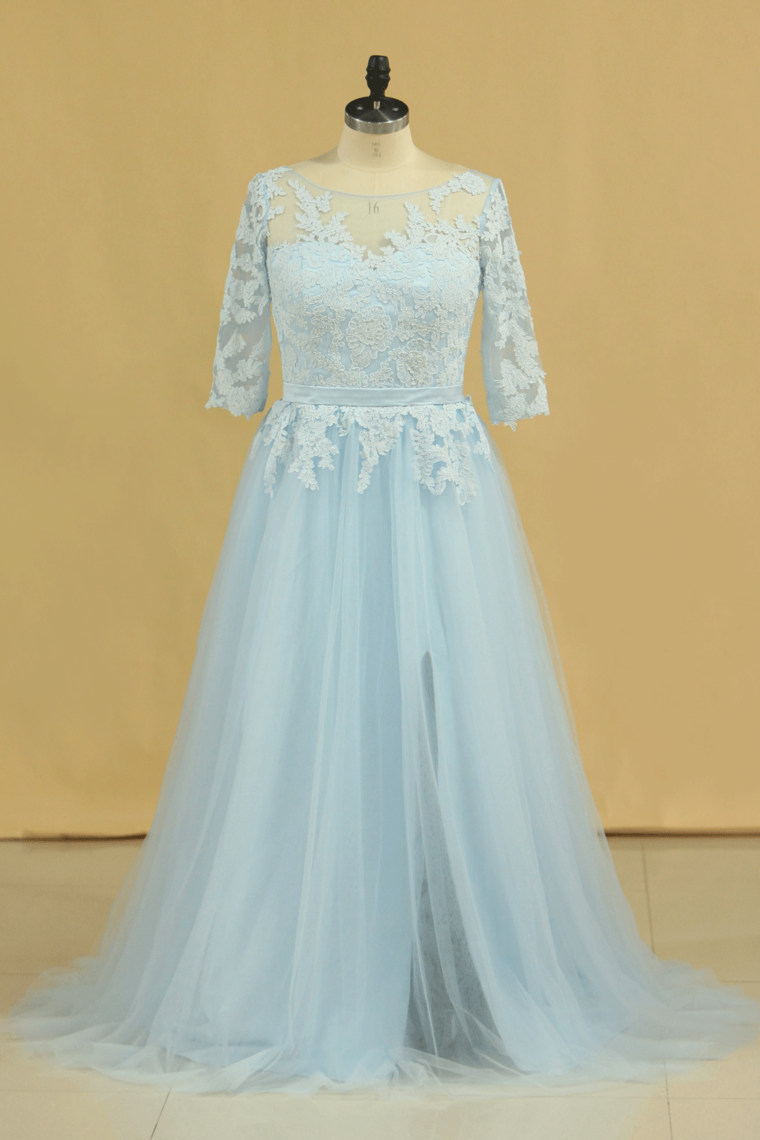 2024 Mother Of The Bride Dresses A Line Bateau Tulle With Applique And Sash Sweep Train Plus Size Light Sky Blue