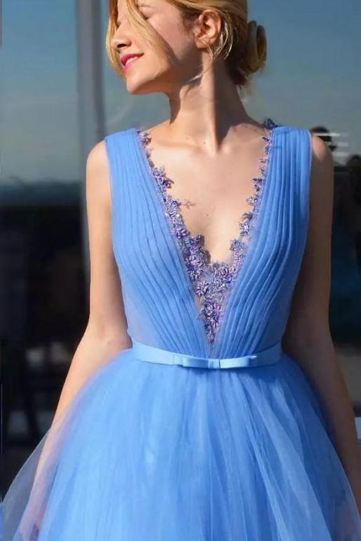 Sky Blue V-Neck A-Line Tulle Pageant Dresses With Appliques Prom Dresses