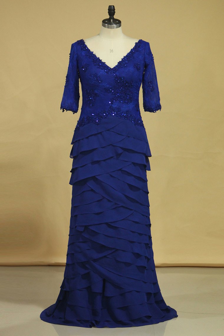 Dark Royal Blue Mother Of The Bride Dresses Chiffon V Neck With 3/4 Length Sleeves