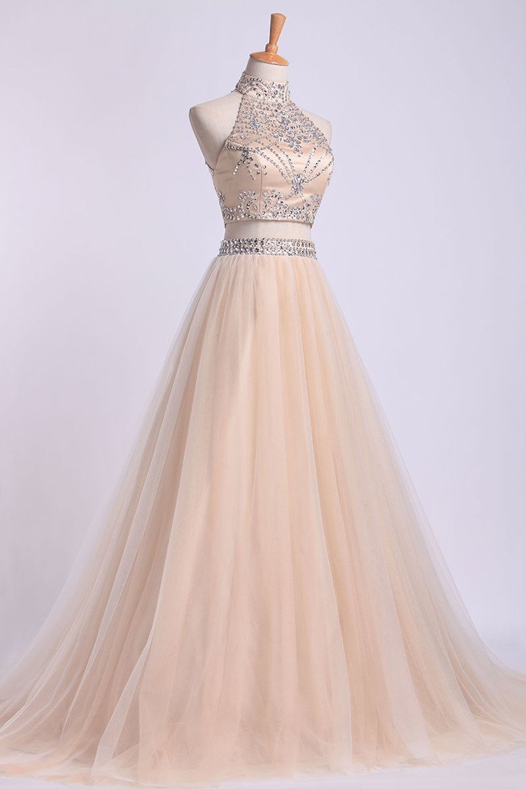 Two-Piece High Neck Prom Dresses A Line Tulle With Beading