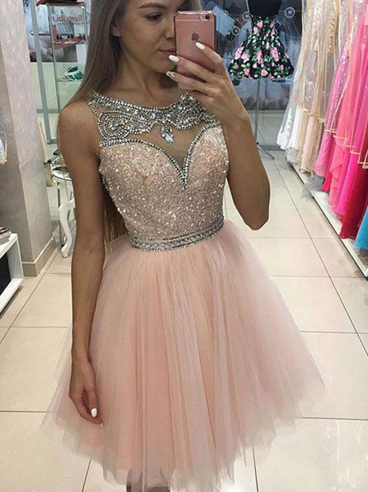 2024 A-Line Scoop Bateau Sleeveless Sequins Beading Tulle Daphne Homecoming Dresses Short/Mini