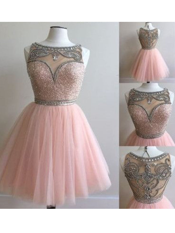 2024 A-Line Scoop Bateau Sleeveless Sequins Beading Tulle Daphne Homecoming Dresses Short/Mini