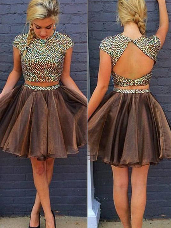 2024 A-Line Two Piece Jewel Neck Short Sleeve Beading Back Deborah Homecoming Dresses Cut Out Organza Short/Mini