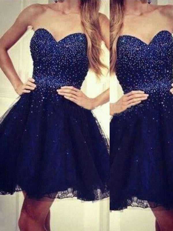 2024 A-Line Sweetheart Strapless Sleeveless Beading Jaslyn Lace Homecoming Dresses Short/Mini