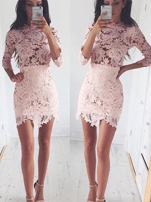 2024 Sheath/Column Jewel Neck Long Sleeve Cut Kiley Homecoming Dresses Lace Short/Mini