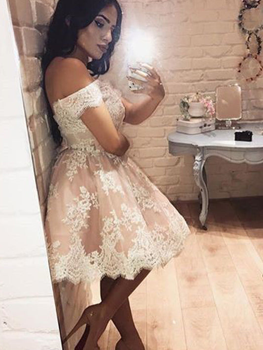 2024 A-Line Homecoming Dresses Melina Off-The-Shoulder Applique Tulle Short/Mini