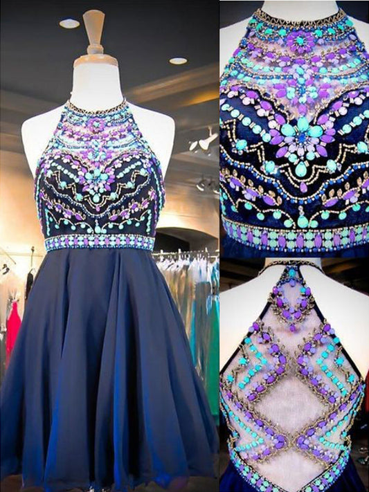 2024 Homecoming Dresses Carleigh Chiffon A-Line Halter Sleeveless Rhinestone Beaded Short/Mini