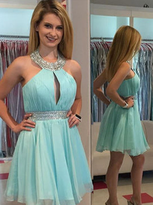 2024 A-Line Halter Sleeveless Marlene Homecoming Dresses Chiffon Cut Out Beading Sash/Ribbon/Belt Cut Short/Mini