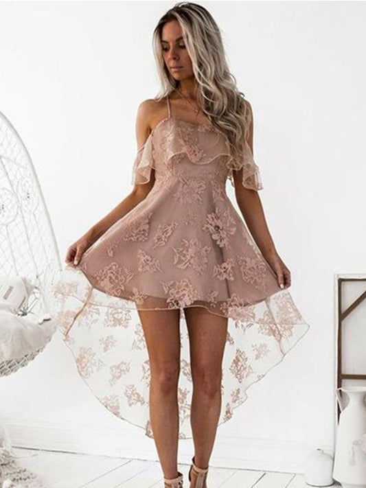 2024 A-Line Straps Criss Cross Off-The-Shoulder Homecoming Dresses Lace Amya High Low Cut Short/Mini