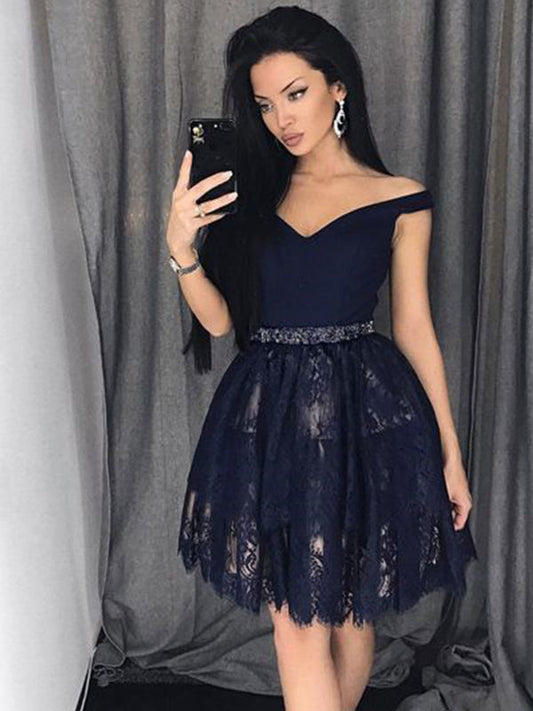 2024 Ball Regan Homecoming Dresses Lace Gown Sweetheart Off-The-Shoulder Beading Cut Short/Mini