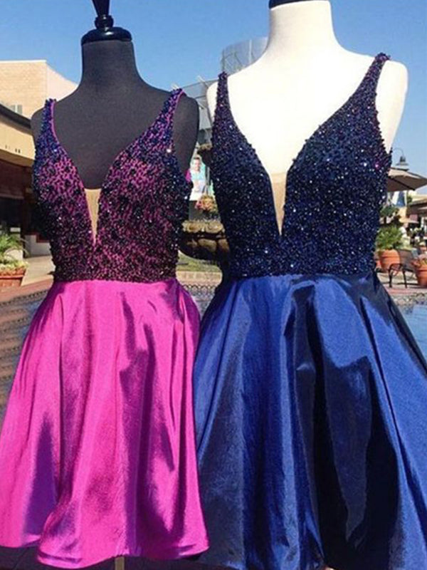 2024 A-Line V Neck Sleeveless Beading Cut Homecoming Dresses Satin Nicole Short/Mini