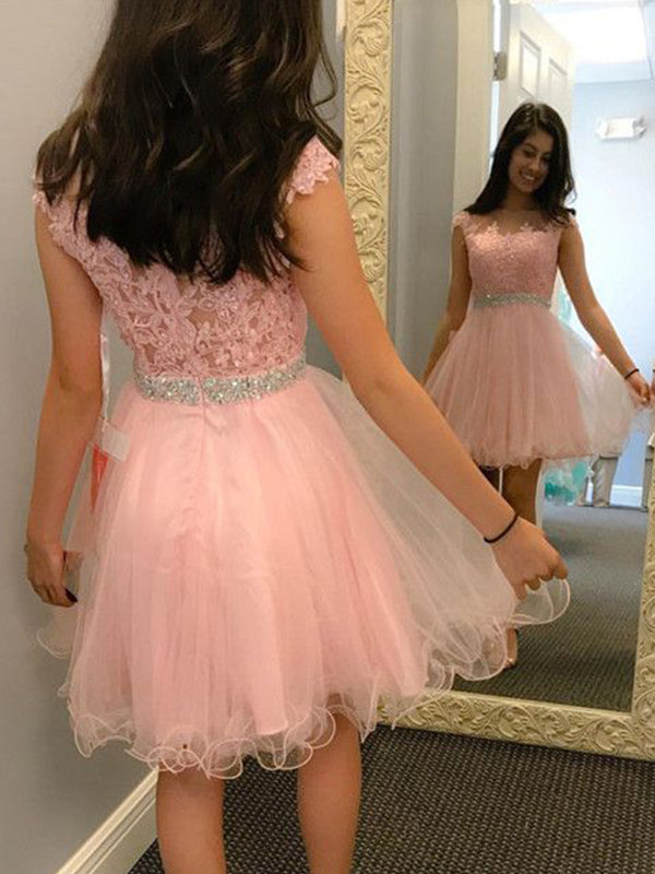 2024 Annabelle Homecoming Dresses A-Line Scoop Neck Cap Sleeve Applique Beading Organza Cut Short/Mini