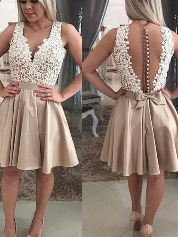 2024 Homecoming Dresses Charlee A-Line V Neck Sleeveless Applique Botton Bowknot Cut Short/Mini