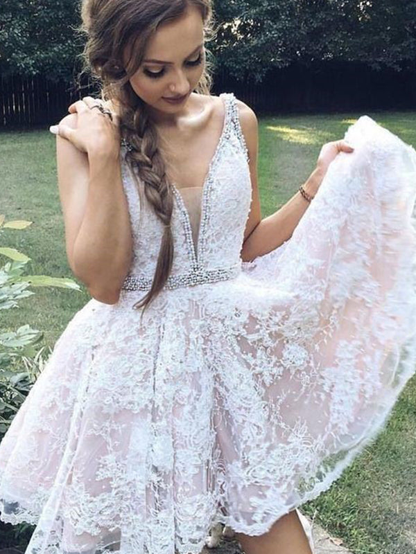 2024 A-Line V Neck Sleeveless Applique Beading Cut Camila Homecoming Dresses Short/Mini