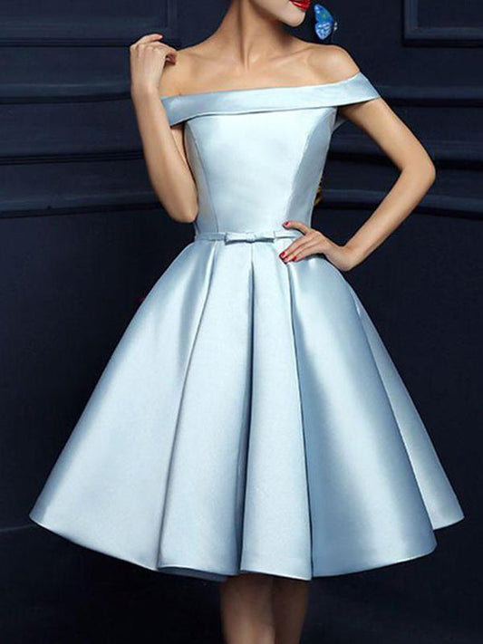 2024 A-Line Off-The-Shoulder Bowknot Lace Satin Homecoming Dresses Brooklynn Knee-Length Up