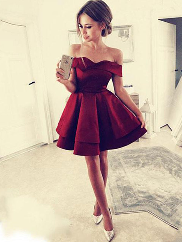 2024 Burgundy Cut Shorts Layers Off-The-Shoulder Elle Homecoming Dresses Sweetheart Mini A-Line