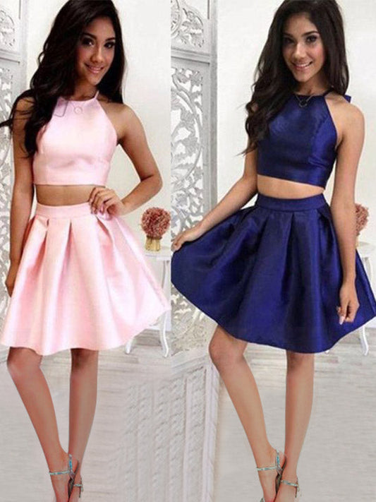 Two Piece Halter Minnie Satin Homecoming Dresses Sleeveless Pleated Cut Short/Mini