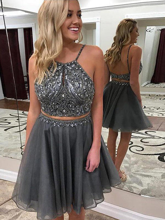 High Quality Light-Slate-Gray Halter Homecoming Dresses Keyla Chiffon Sleeveless Beading Backless Cut Short Mini