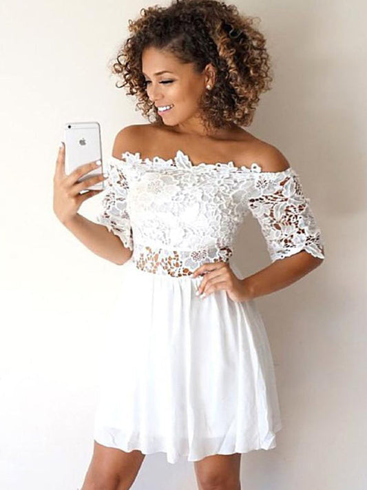 Peggie Homecoming Dresses Lace White Off-The-Shoulder Half Sleeve Cut Shorts Mini