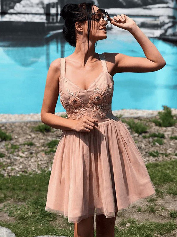 Bryanna Homecoming Dresses Dusty Rose Cut Shorts Tulle V Neck Sleeveless Beading Applique High Quality