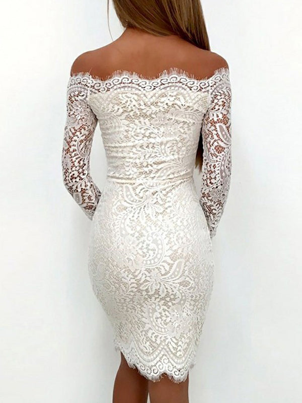 White Off-The-Shoulder Michelle Homecoming Dresses Lace Cut Short/Mini Sheath/Column Long Sleeve