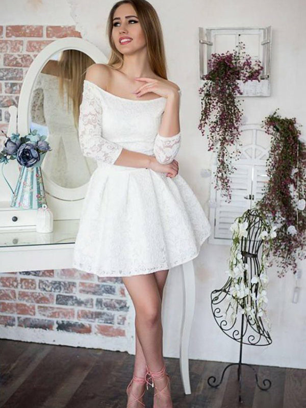 Ball Gown White 3/4 Sleeve Off-The-Shoulder Cut Homecoming Dresses Lace Skye Short/Mini