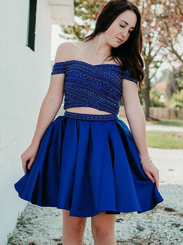 Off-The-Shoulder Beading Ball Gown Royal Blue Homecoming Dresses Jayla Pleated Cut Short Mini