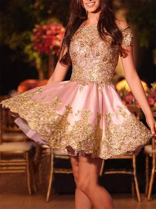 Charming Applique Beading Mckenna Satin Homecoming Dresses Off-The-Shoulder Cut Short/Mini