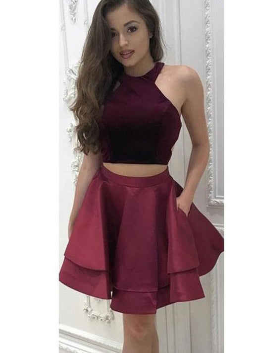 Two Piece Halter Campbell Satin Homecoming Dresses Sleeveless Cut Short A-Line Mini