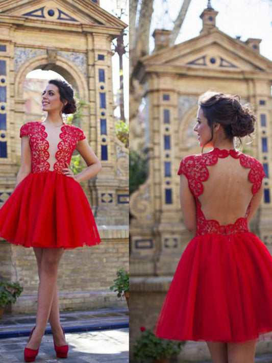 Cap Sleeve Cut Out Back Jewel Homecoming Dresses Lace Tulle Ball Gown Cut Short Mini