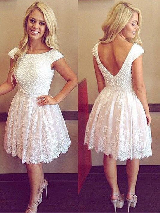 Knee-Length Pearls Beading Carla Lace Homecoming Dresses Scoop Neck V Back