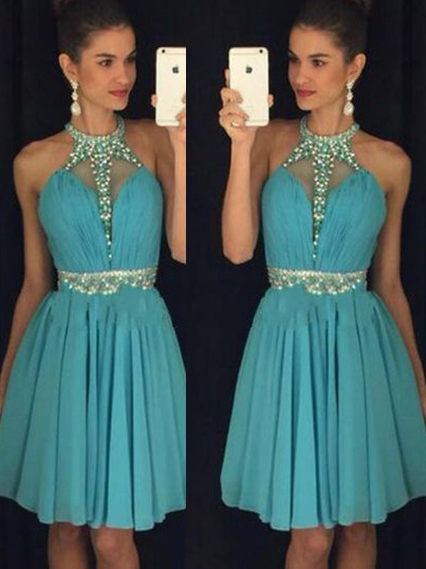 Beading Halter Chiffon Melinda Homecoming Dresses Sleeveless Short Mini