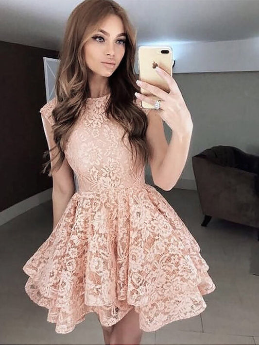 Layers A-Line Cut Short Homecoming Dresses Lace Yvonne Mini Jewel Neck Sleeveless