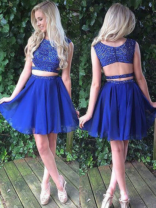 Two Piece Beading Scoop Neck Sleeveless Cut Out Back Cut Chiffon Homecoming Dresses Mckayla Short Mini