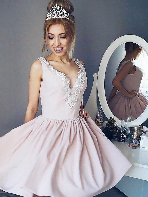 Pale A-Line V Neck Applique Sleeveless Pleated Pink Helen Homecoming Dresses Cut Short Mini