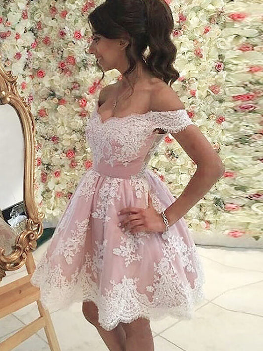 Lace Homecoming Dresses Emilie Off-The-Shoulder Cut Short Mini Applique Tulle