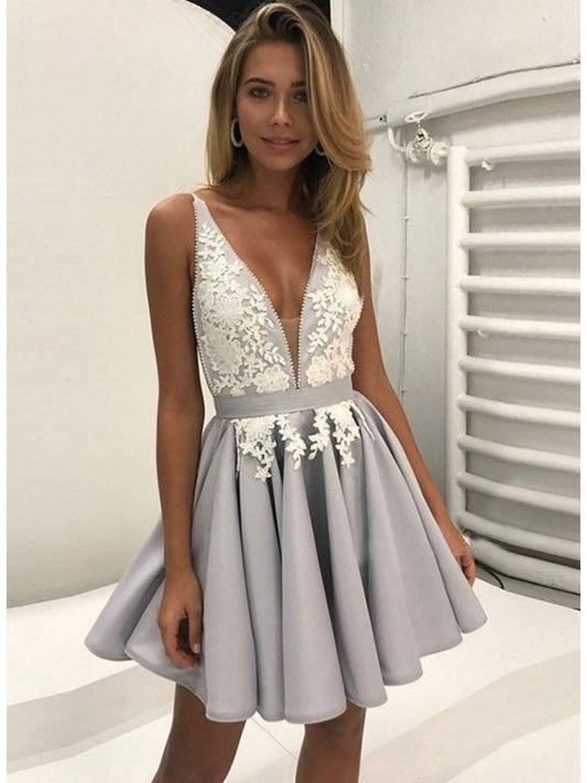 Silver Deep V Neck Straps Appliques Pleated Lace Satin Homecoming Dresses Aubree A Line Flowers