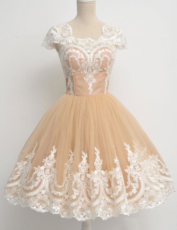 Square Neck Champagne Cap Homecoming Dresses Lace A Line Tricia Sleeve Tulle Pleated Appliques