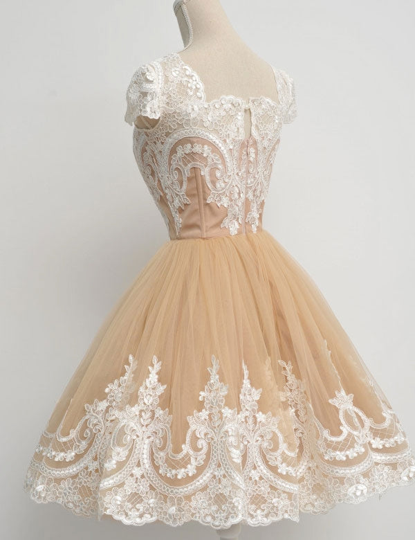 Square Neck Champagne Cap Homecoming Dresses Lace A Line Tricia Sleeve Tulle Pleated Appliques