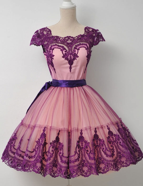 A Line Homecoming Dresses Lace Amaya Square Neck Fuchsia Cap Sleeve Appliques Ribbon Trim