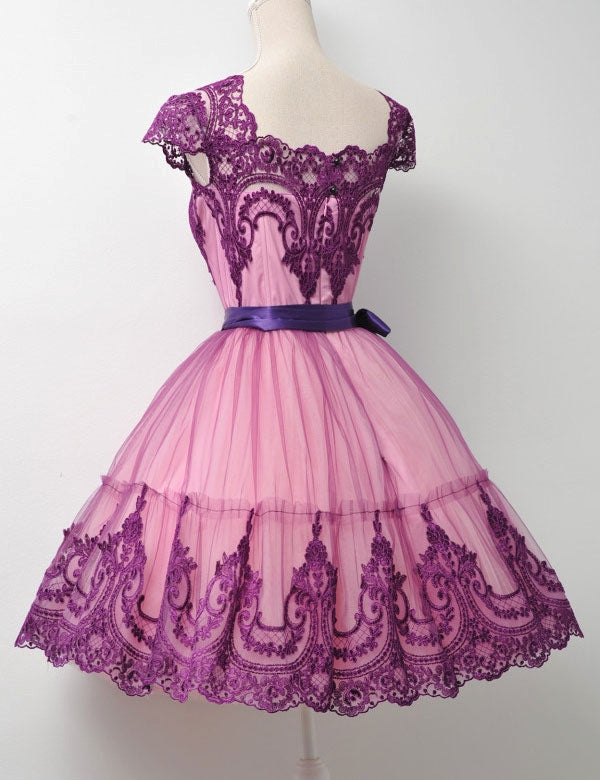 A Line Homecoming Dresses Lace Amaya Square Neck Fuchsia Cap Sleeve Appliques Ribbon Trim