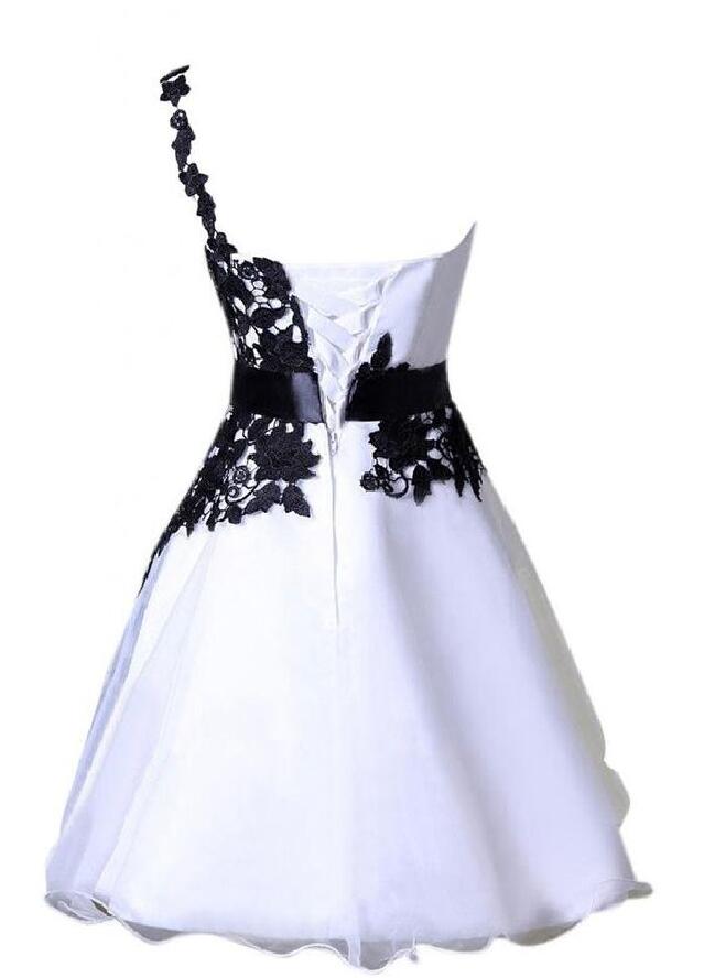 One Shoulder Up A Line Sariah Lace Satin Homecoming Dresses White Appliques Flowers