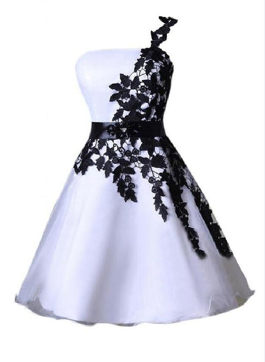 One Shoulder Up A Line Sariah Lace Satin Homecoming Dresses White Appliques Flowers