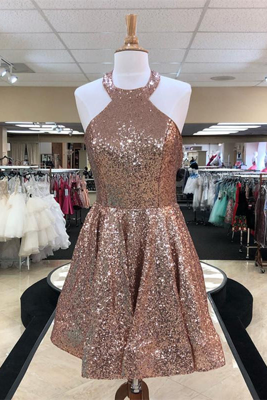 Halter Sequins Homecoming Dresses Denisse A Line Sleeveless Backless Pleated Short Sparkle Charming