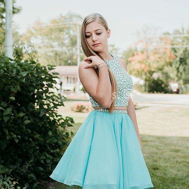 Jimena A Line Chiffon Two Pieces Homecoming Dresses Halter Sleeveless Rhinestone Pleated Blue