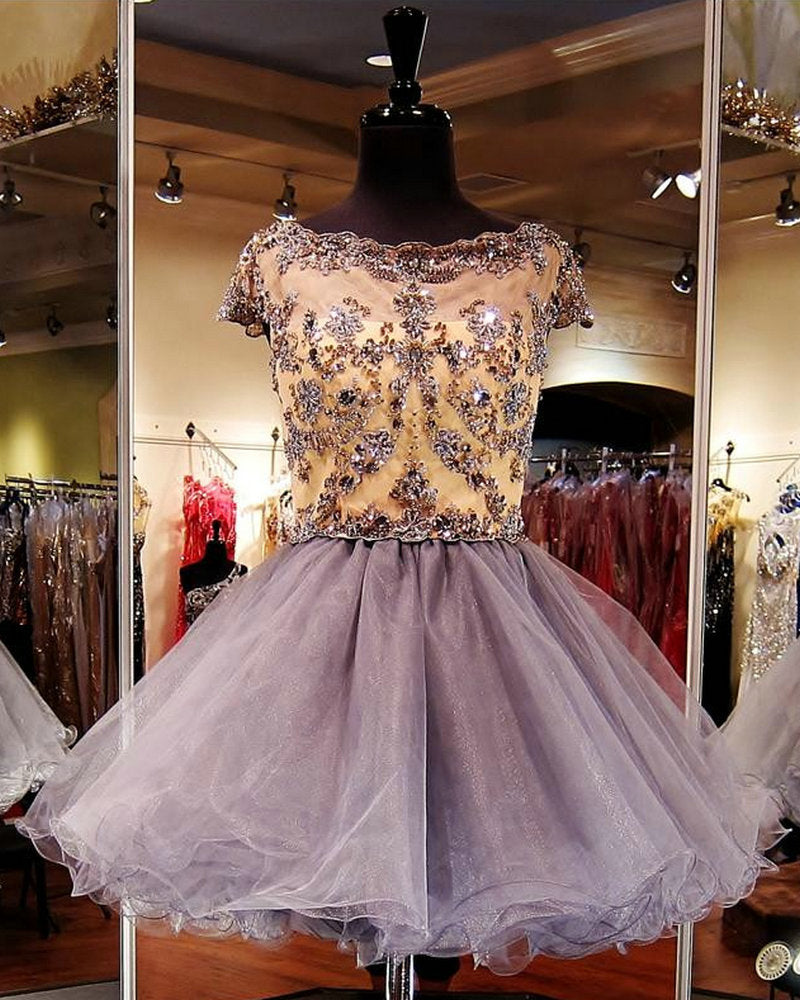 Tulle Gold Appliques A Line Homecoming Dresses Uerica Beading Rhinestone Short Sleeve Bateau