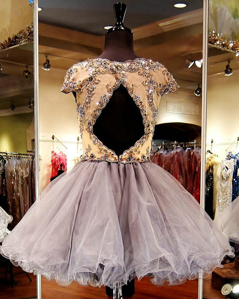 Tulle Gold Appliques A Line Homecoming Dresses Uerica Beading Rhinestone Short Sleeve Bateau